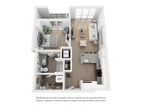 Floor plan for 1 bed, 1 bath, 698 sqft
